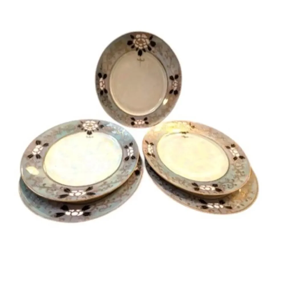 Vintage Japan Lusterware Dessert Plates Set 5 Gold Floral Iridescent 7.25